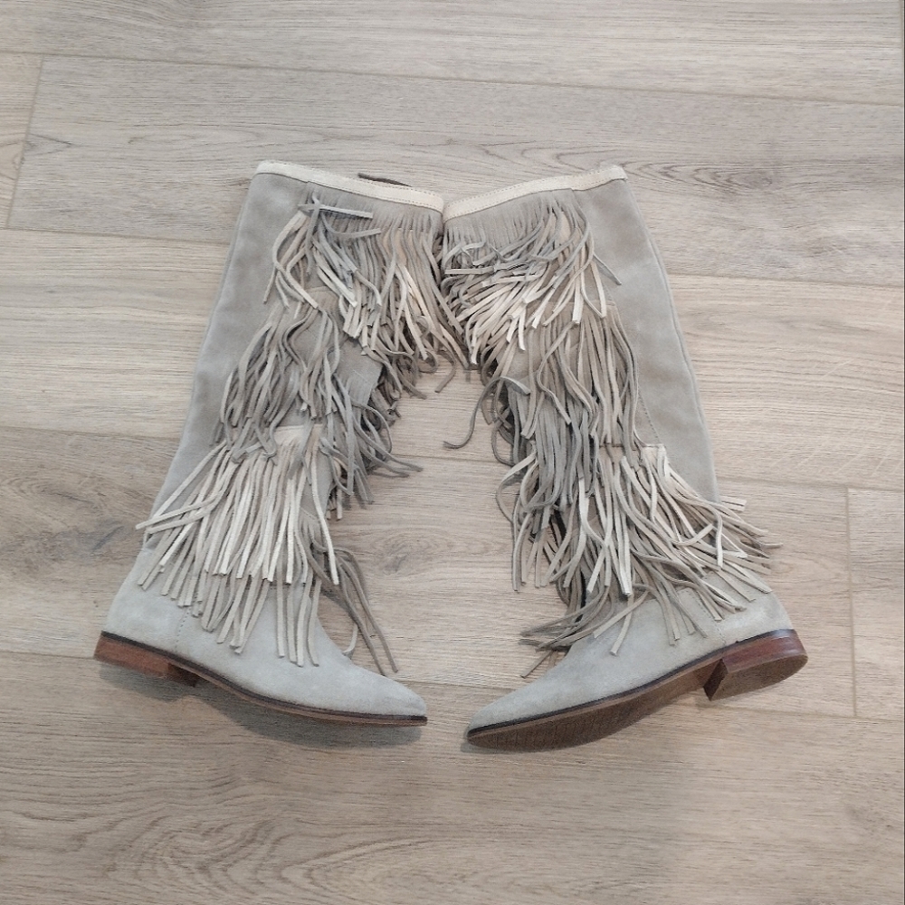 PRISTINE Zara Fringe Suede Western Boots Size 37 6.5 Taupe Tan Cream
